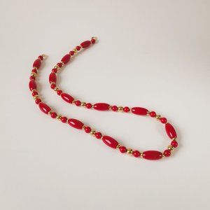 26" Vintage Cherry Scarlet Red Acrylic Gold Metal Accent Beaded Bold Necklace